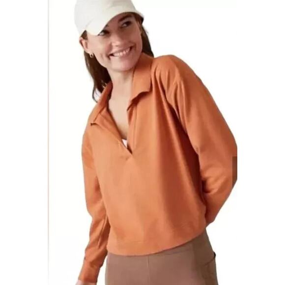 Athleta Preppy Sweatshirt Retroterry Polo Crop Orange Athleisure Relaxed XS - Picture 1 of 9